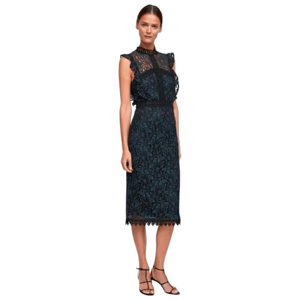 NWOT Zara Teal Dark Green Blue Guipure Lace Crochet Midi Dress